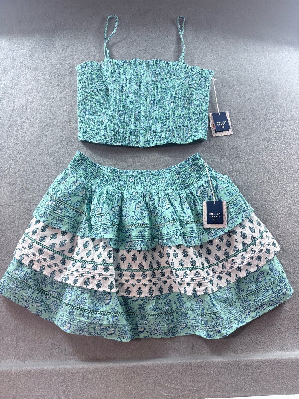 Roller Rabbit - Aqua & White Floral Smocked Crop Top and Tiered Skirt Set